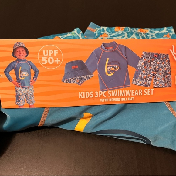 Kids 3PC Swimming Set with reversible Hat, UPF 50+ NWT Blue Summer Beach Pool - Picture 9 of 9